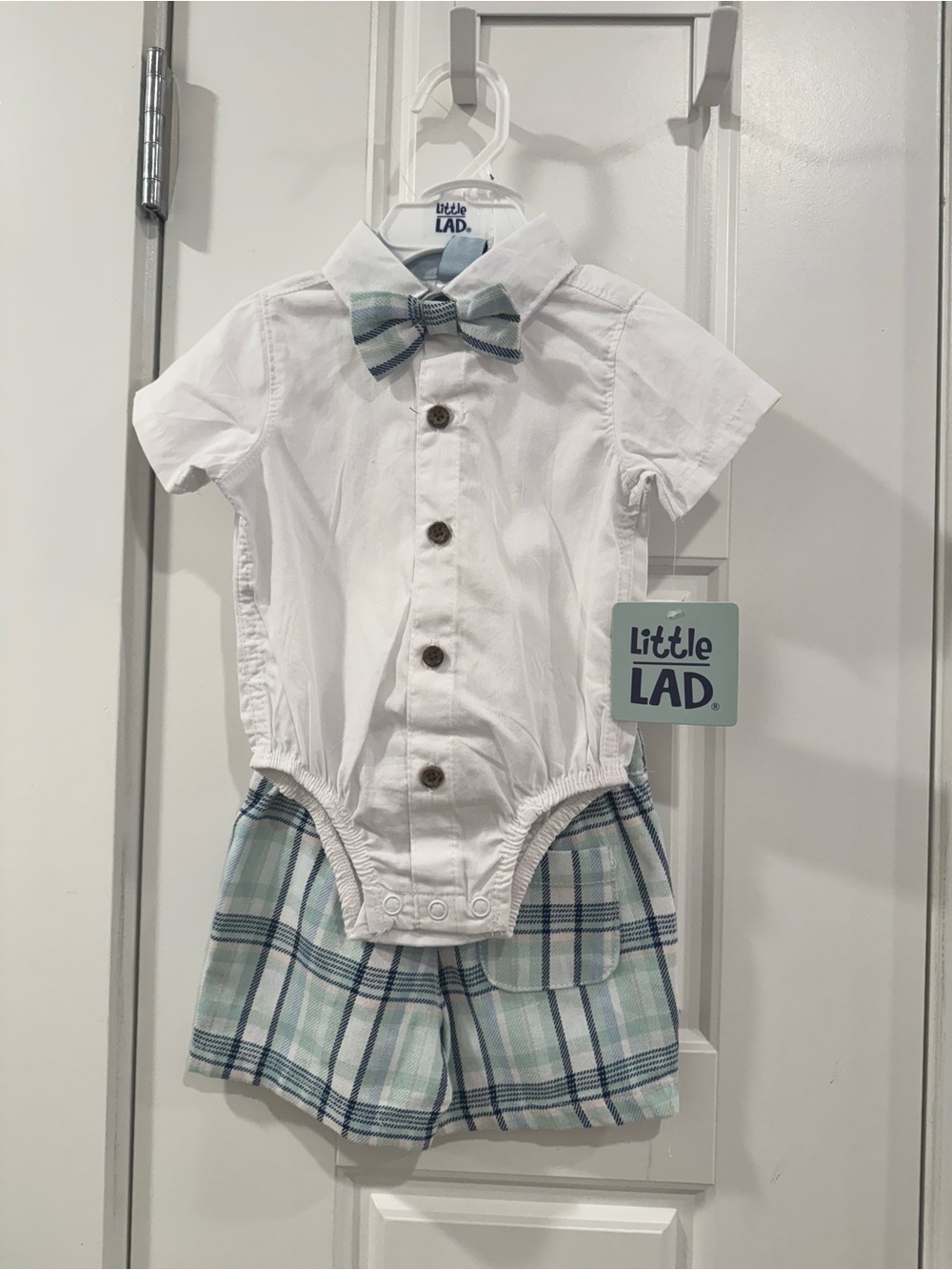 White Short-Sleeve Bowtie Romper with Blue Plaid Shorts